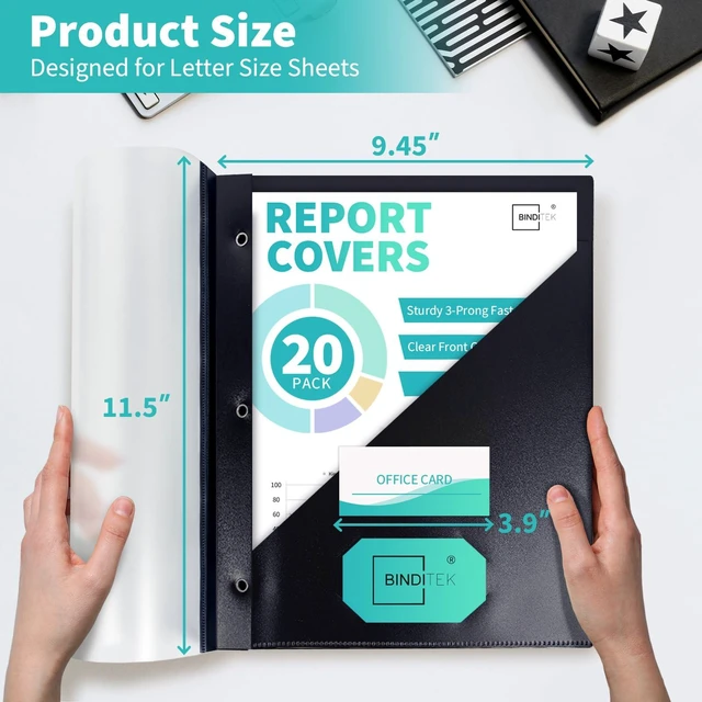 Alt view image 2 of 6 - Heavy-Duty Report Covers with 3 Prongs, 100-Sheet Capacity, Black, 20 Pack Plastic Report Folders with Back Covers, Card Slot, 3-Prong Metal Fasteners, for Letter Size, for Professional Presentations