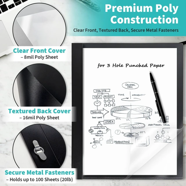 Alt view image 3 of 6 - Heavy-Duty Report Covers with 3 Prongs, 100-Sheet Capacity, Black, 20 Pack Plastic Report Folders with Back Covers, Card Slot, 3-Prong Metal Fasteners, for Letter Size, for Professional Presentations