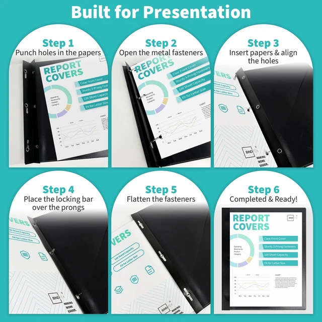 Alt view image 5 of 6 - Heavy-Duty Report Covers with 3 Prongs, 100-Sheet Capacity, Black, 20 Pack Plastic Report Folders with Back Covers, Card Slot, 3-Prong Metal Fasteners, for Letter Size, for Professional Presentations