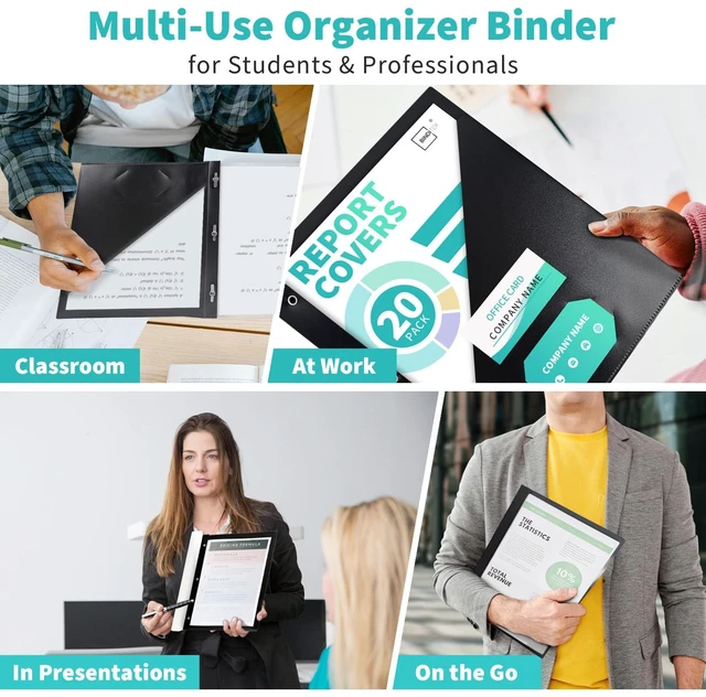 Alt view image 6 of 6 - Heavy-Duty Report Covers with 3 Prongs, 100-Sheet Capacity, Black, 20 Pack Plastic Report Folders with Back Covers, Card Slot, 3-Prong Metal Fasteners, for Letter Size, for Professional Presentations