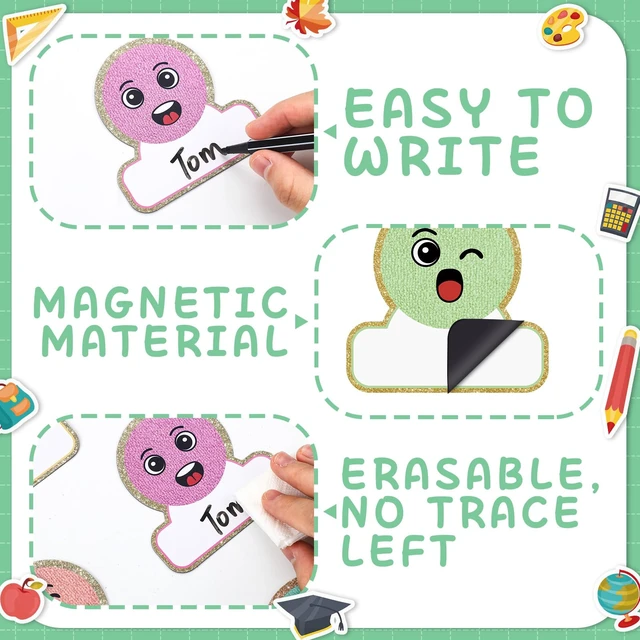 Alt view image 3 of 6 - 48 Pcs Magnetic Name Tags for School Bus, Smile Face Design Dry Erase Labels for Classroom Desks Lockers, Student Name Plates Stickers for Back to School Whiteboards