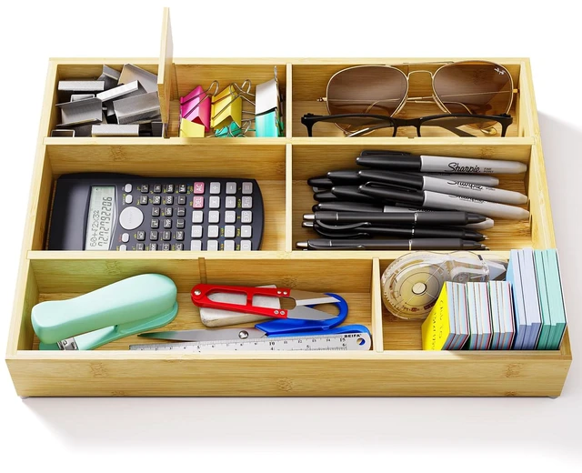 Main image of Bamboo Drawer Organizer with 9 Adjustable Compartments, Desk Storage Tray Natural Bamboo, Flexible Modular Trays, Water-Resistant, Adjustable, Excellent Organization, Easy to Clean, Non-Slip Design