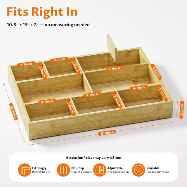 Alt view image 2 of 7 - Bamboo Drawer Organizer with 9 Adjustable Compartments, Desk Storage Tray Natural Bamboo, Flexible Modular Trays, Water-Resistant, Adjustable, Excellent Organization, Easy to Clean, Non-Slip Design