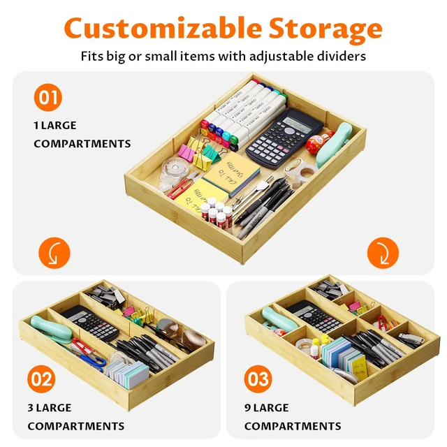 Alt view image 3 of 7 - Bamboo Drawer Organizer with 9 Adjustable Compartments, Desk Storage Tray Natural Bamboo, Flexible Modular Trays, Water-Resistant, Adjustable, Excellent Organization, Easy to Clean, Non-Slip Design