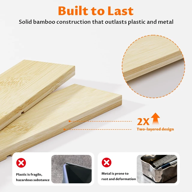 Alt view image 5 of 7 - Bamboo Drawer Organizer with 9 Adjustable Compartments, Desk Storage Tray Natural Bamboo, Flexible Modular Trays, Water-Resistant, Adjustable, Excellent Organization, Easy to Clean, Non-Slip Design