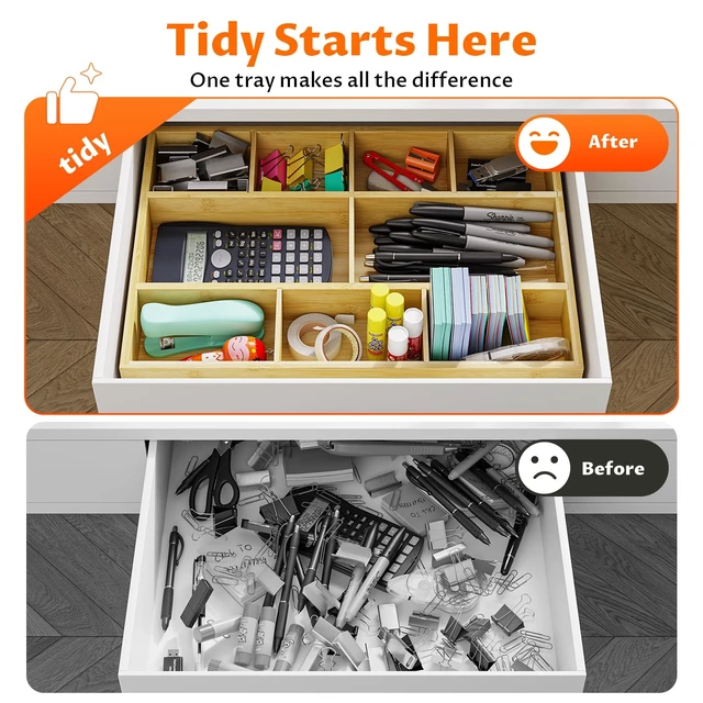 Alt view image 6 of 7 - Bamboo Drawer Organizer with 9 Adjustable Compartments, Desk Storage Tray Natural Bamboo, Flexible Modular Trays, Water-Resistant, Adjustable, Excellent Organization, Easy to Clean, Non-Slip Design