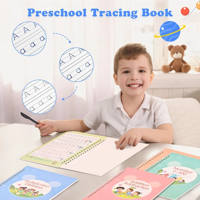 Alt view image 4 of 7 - Magic Grooved Writing Practice for Kids Ages 3-8 Reusable Tracing Workbook Magic Copybook Set with Disappearing Ink Pens for Preschool Learning