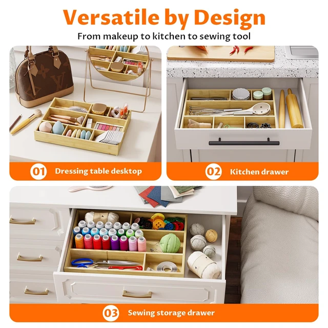 Alt view image 7 of 7 - Bamboo Drawer Organizer with 9 Adjustable Compartments, Desk Storage Tray Natural Bamboo, Flexible Modular Trays, Water-Resistant, Adjustable, Excellent Organization, Easy to Clean, Non-Slip Design