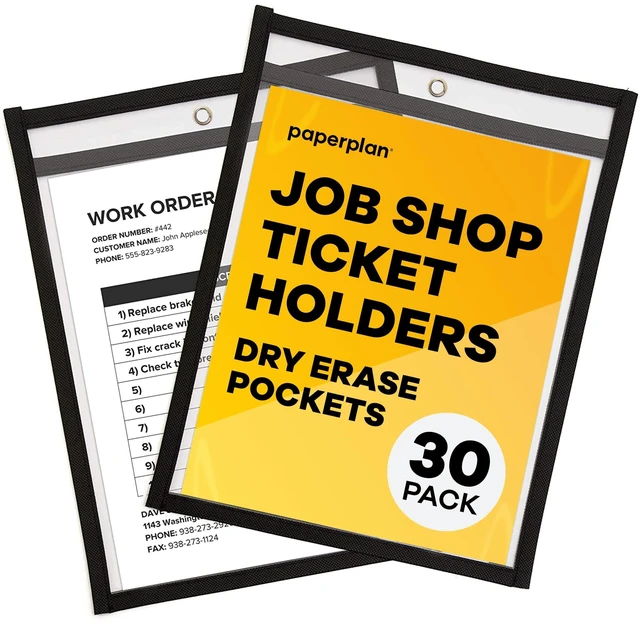 Main image of Job Ticket Holders 9x12 - (30 Pack), 8.5 x 11 Letter Size, Dry Erase Pockets, Clear & Black Plastic Sleeves - Reusable, Water-Resistant