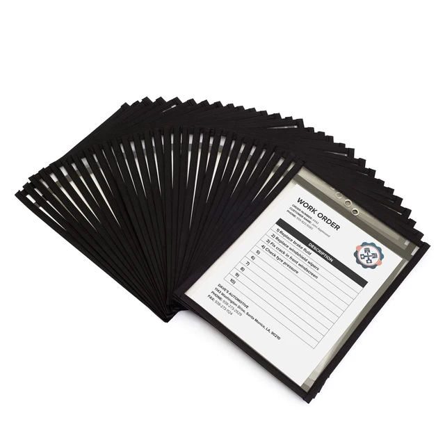 Alt view image 7 of 7 - Job Ticket Holders 9x12 - (30 Pack), 8.5 x 11 Letter Size, Dry Erase Pockets, Clear & Black Plastic Sleeves - Reusable, Water-Resistant