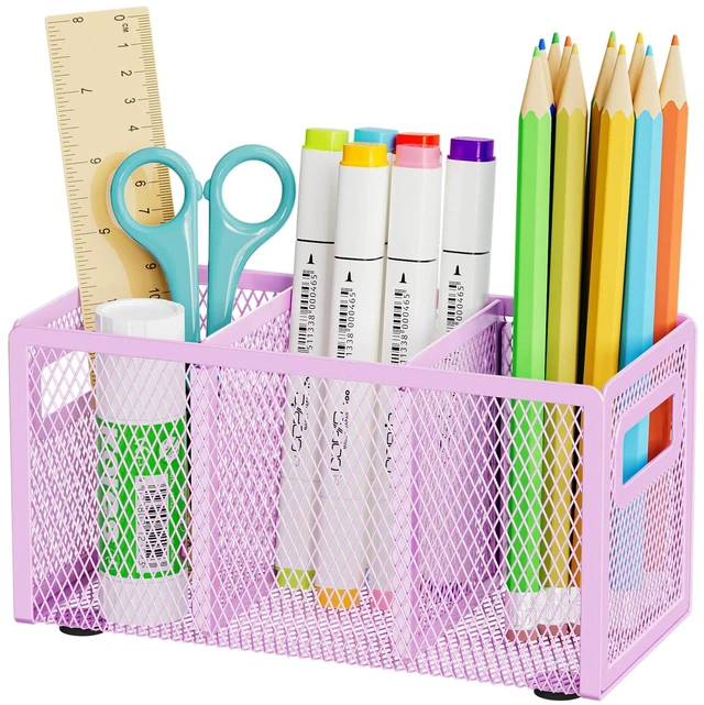 Main image of Mesh Pen Holder for Desk, Pencil Holder Desk Organizer 3 Adjustable Compartments, Pencil Cup with Handle Perfect for Classroom, Office, Home, Makeup, Art (Purple)