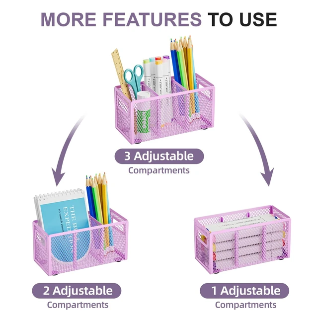 Alt view image 3 of 6 - Mesh Pen Holder for Desk, Pencil Holder Desk Organizer 3 Adjustable Compartments, Pencil Cup with Handle Perfect for Classroom, Office, Home, Makeup, Art (Purple)