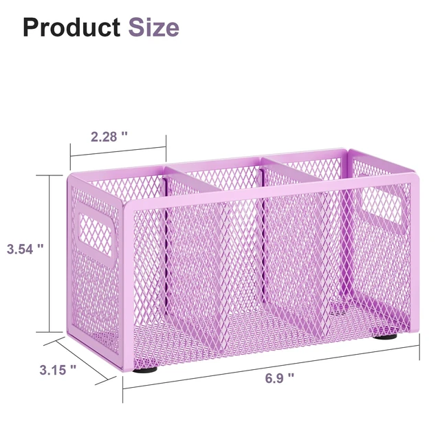 Alt view image 2 of 6 - Mesh Pen Holder for Desk, Pencil Holder Desk Organizer 3 Adjustable Compartments, Pencil Cup with Handle Perfect for Classroom, Office, Home, Makeup, Art (Purple)