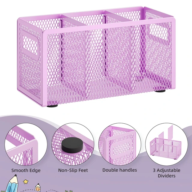 Alt view image 4 of 6 - Mesh Pen Holder for Desk, Pencil Holder Desk Organizer 3 Adjustable Compartments, Pencil Cup with Handle Perfect for Classroom, Office, Home, Makeup, Art (Purple)