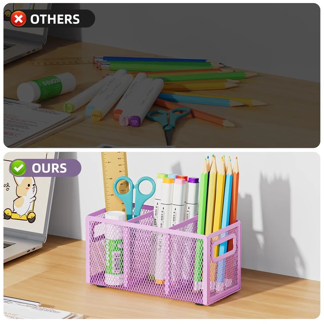 Alt view image 5 of 6 - Mesh Pen Holder for Desk, Pencil Holder Desk Organizer 3 Adjustable Compartments, Pencil Cup with Handle Perfect for Classroom, Office, Home, Makeup, Art (Purple)