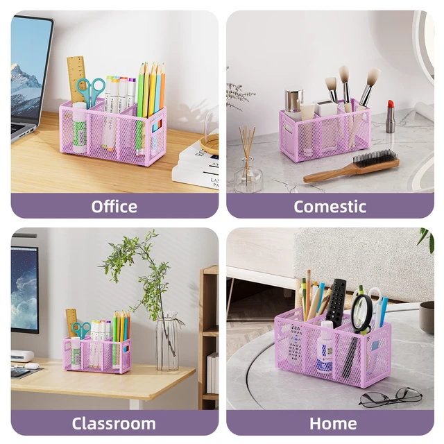 Alt view image 6 of 6 - Mesh Pen Holder for Desk, Pencil Holder Desk Organizer 3 Adjustable Compartments, Pencil Cup with Handle Perfect for Classroom, Office, Home, Makeup, Art (Purple)