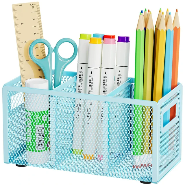 Main image of Mesh Pen Holder for Desk, Pencil Holder Desk Organizer 3 Adjustable Compartments, Pencil Cup with Handle Perfect for Classroom, Office, Home, Makeup, Art (Blue)