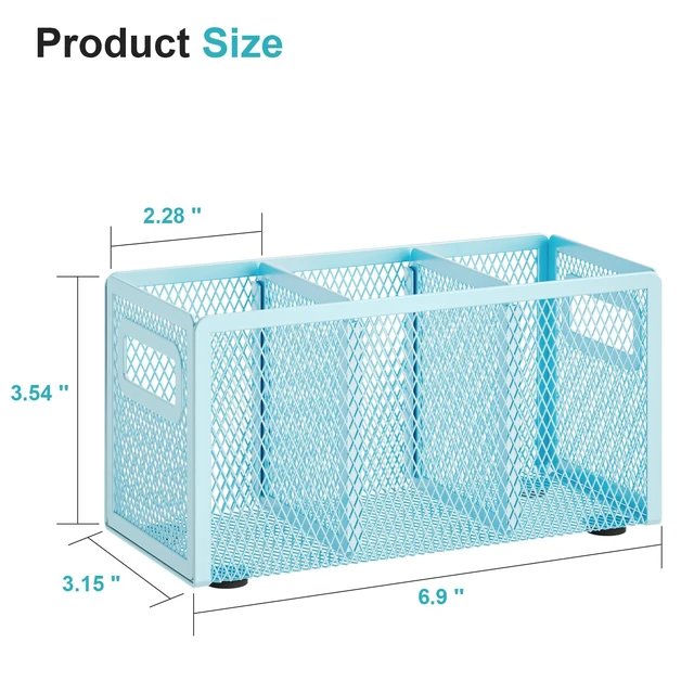 Alt view image 2 of 6 - Mesh Pen Holder for Desk, Pencil Holder Desk Organizer 3 Adjustable Compartments, Pencil Cup with Handle Perfect for Classroom, Office, Home, Makeup, Art (Blue)