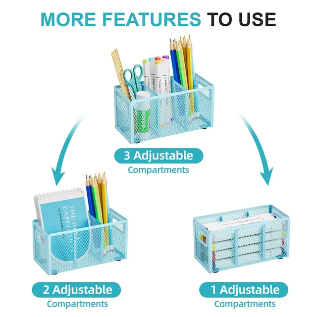 Alt view image 3 of 6 - Mesh Pen Holder for Desk, Pencil Holder Desk Organizer 3 Adjustable Compartments, Pencil Cup with Handle Perfect for Classroom, Office, Home, Makeup, Art (Blue)