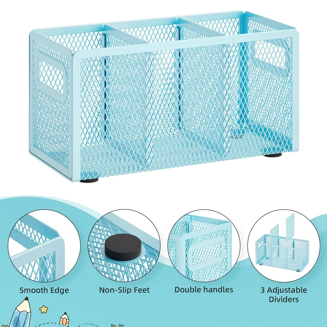 Alt view image 4 of 6 - Mesh Pen Holder for Desk, Pencil Holder Desk Organizer 3 Adjustable Compartments, Pencil Cup with Handle Perfect for Classroom, Office, Home, Makeup, Art (Blue)