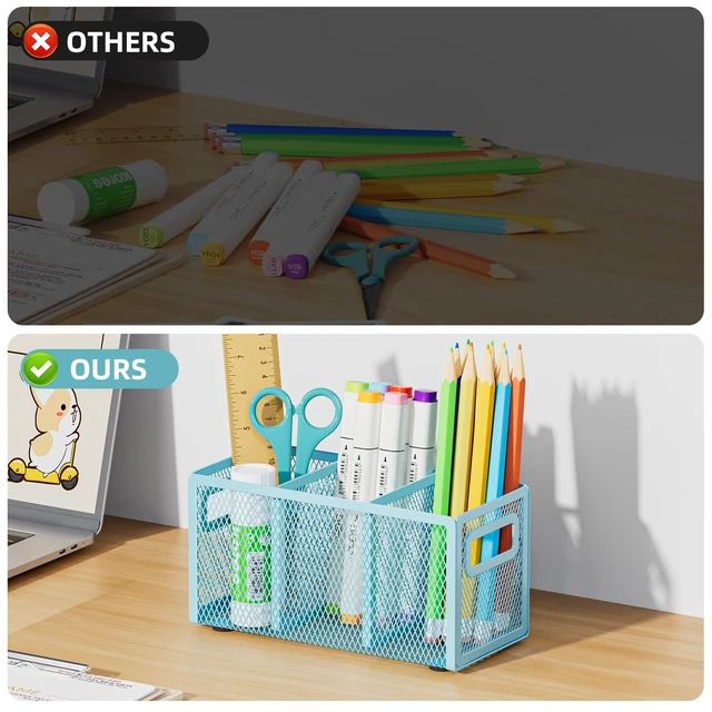 Alt view image 5 of 6 - Mesh Pen Holder for Desk, Pencil Holder Desk Organizer 3 Adjustable Compartments, Pencil Cup with Handle Perfect for Classroom, Office, Home, Makeup, Art (Blue)