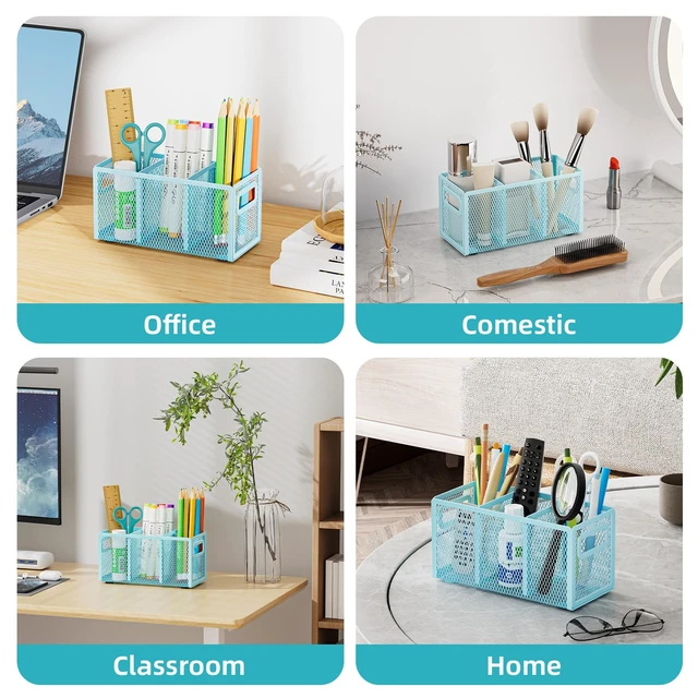 Alt view image 6 of 6 - Mesh Pen Holder for Desk, Pencil Holder Desk Organizer 3 Adjustable Compartments, Pencil Cup with Handle Perfect for Classroom, Office, Home, Makeup, Art (Blue)