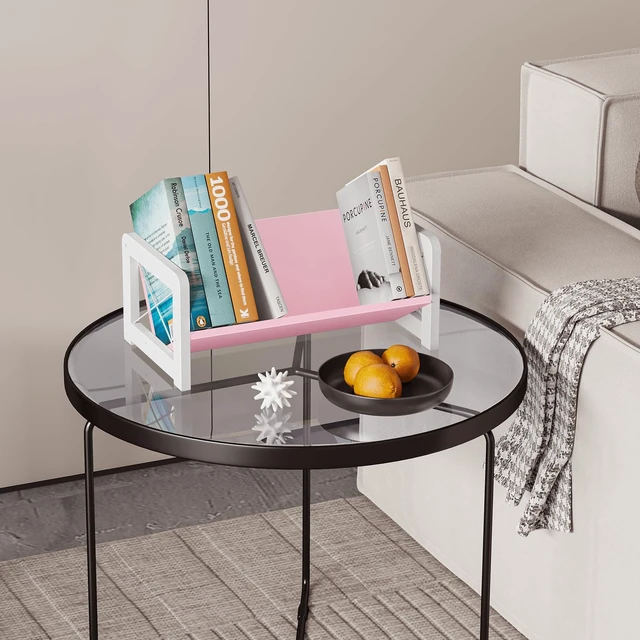 Alt view image 2 of 7 - Tabletop Bookshelf, Simple Wood Book Organizer for Desk, Tilted Table Bookcase, Small Desktop Book Rack for Cookbook Display, Kids Reading, Office Storage, Pink