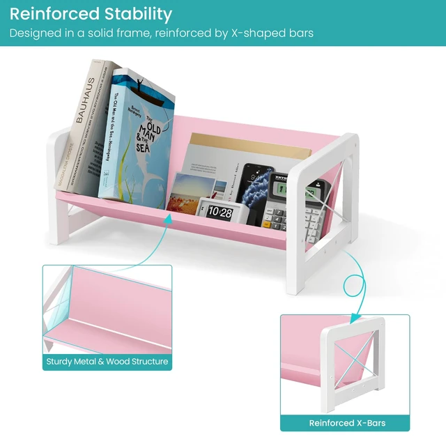 Alt view image 4 of 7 - Tabletop Bookshelf, Simple Wood Book Organizer for Desk, Tilted Table Bookcase, Small Desktop Book Rack for Cookbook Display, Kids Reading, Office Storage, Pink
