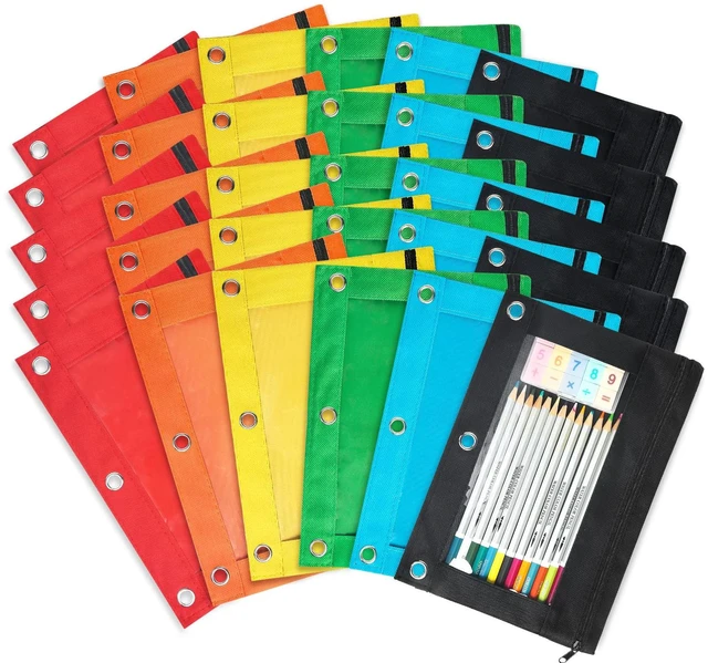 Main image of Pencil Pouch for 3 Ring Binder, 30 Pack Pencil Pouches Bulk in 6 Colors, Binder Pencil Pouch with Smooth Zipper, Zipper Pencil Pouches, 3 Ring Binder Pencil Pouches, Clear Window Pencil Case
