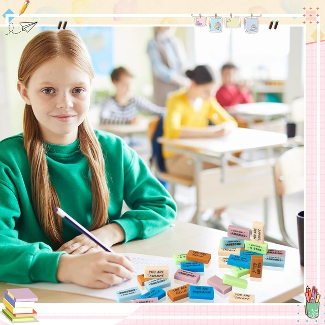Alt view image 2 of 6 - 180 Pcs Inspirational Erasers,Motivational,Boho Bulk Pencil Erasers, 6 Motivational Designs, Classroom Rewards Drawing Supplies, Back to School Teacher Essentials