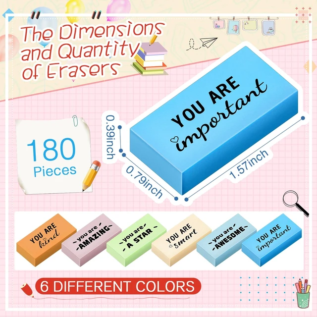 Alt view image 3 of 6 - 180 Pcs Inspirational Erasers,Motivational,Boho Bulk Pencil Erasers, 6 Motivational Designs, Classroom Rewards Drawing Supplies, Back to School Teacher Essentials