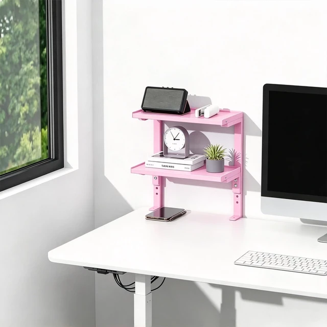 Alt view image 2 of 7 - 2 Tier Clamp on Desk Shelf (Pink) Office Desk Shelves Organizer, Wood Desktop Supplies Storage Rack, Desk Organizers and Accessories