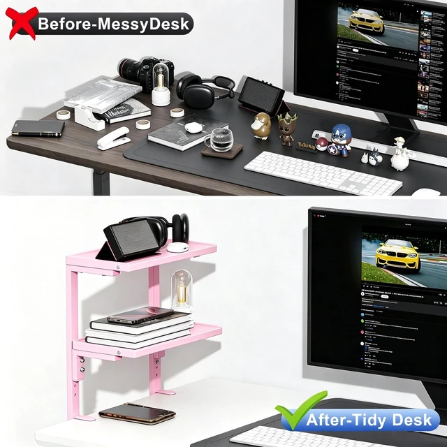 Alt view image 4 of 7 - 2 Tier Clamp on Desk Shelf (Pink) Office Desk Shelves Organizer, Wood Desktop Supplies Storage Rack, Desk Organizers and Accessories