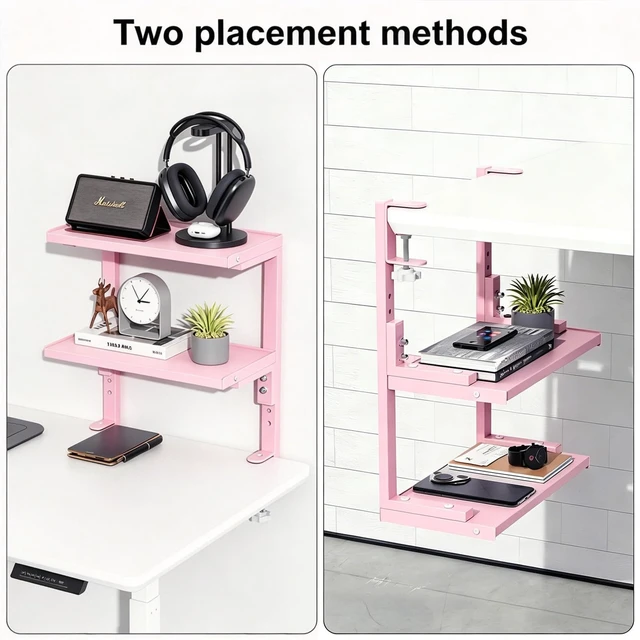 Alt view image 5 of 7 - 2 Tier Clamp on Desk Shelf (Pink) Office Desk Shelves Organizer, Wood Desktop Supplies Storage Rack, Desk Organizers and Accessories