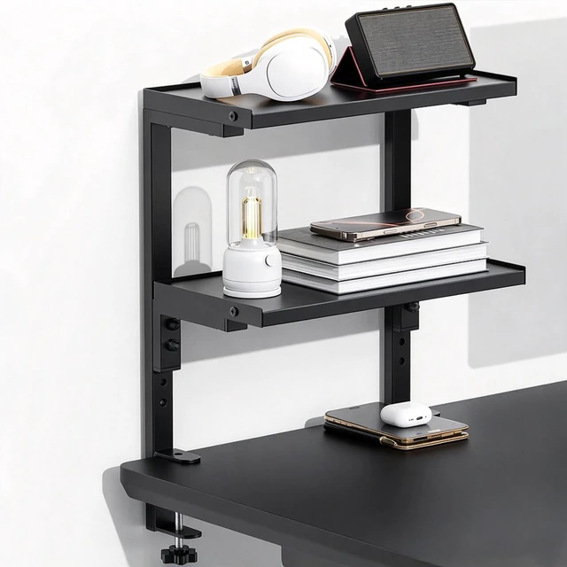 Main image of 2 Tier Clamp on Desk Shelf Office Desk Shelves Organizer, Wood Desktop Supplies Storage Rack, Desk Organizers and Accessories (Black)