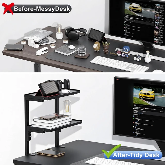Alt view image 3 of 7 - 2 Tier Clamp on Desk Shelf Office Desk Shelves Organizer, Wood Desktop Supplies Storage Rack, Desk Organizers and Accessories (Black)