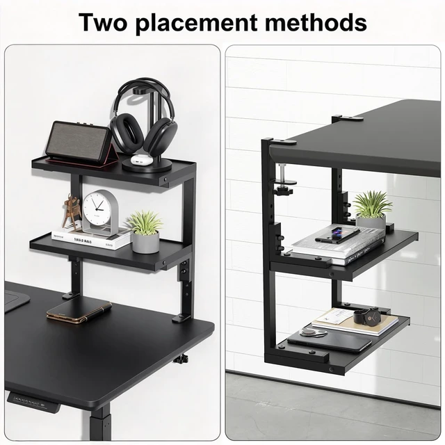 Alt view image 4 of 7 - 2 Tier Clamp on Desk Shelf Office Desk Shelves Organizer, Wood Desktop Supplies Storage Rack, Desk Organizers and Accessories (Black)