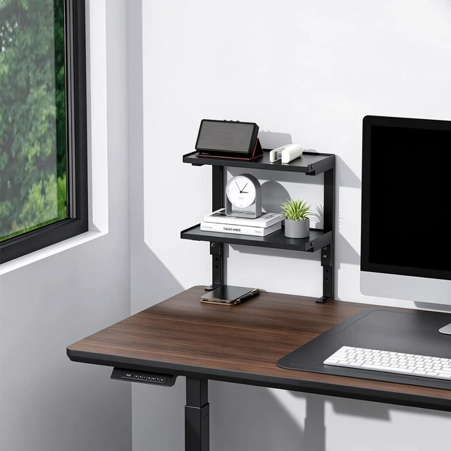 Alt view image 7 of 7 - 2 Tier Clamp on Desk Shelf Office Desk Shelves Organizer, Wood Desktop Supplies Storage Rack, Desk Organizers and Accessories (Black)