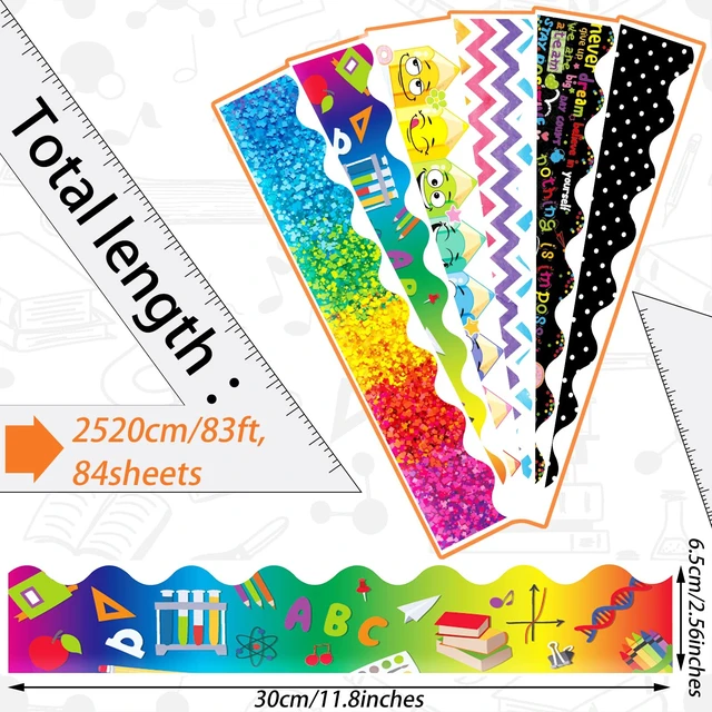 Alt view image 3 of 7 - 84 Pcs 83 ft Classroom Bulletin Board Borders, Cute Style 6 Designs Ideal for Classroom Decor, Scalloped Adhesive Trim with Easy Setup, Teacher Supplies and Display Borders