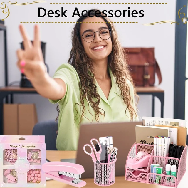 Alt view image 2 of 7 - Office Supplies,Desk Accessories,Stapler and Tape Dispenser Set,1000 Staples,Staple Remover,Pen Holder,Folding Phone Holder,Journal Notebook,Ballpoint Pen,Scissor,Ruler,Clear Tape,Sticky Notes,Ect