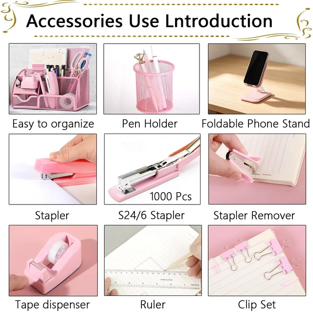 Alt view image 3 of 7 - Office Supplies,Desk Accessories,Stapler and Tape Dispenser Set,1000 Staples,Staple Remover,Pen Holder,Folding Phone Holder,Journal Notebook,Ballpoint Pen,Scissor,Ruler,Clear Tape,Sticky Notes,Ect