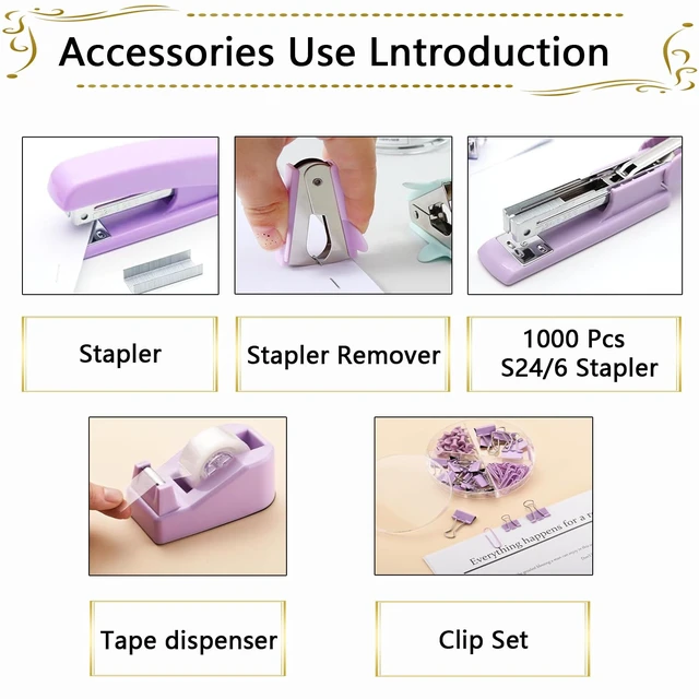 Alt view image 2 of 7 - Office Supplies,Purple Desk Accessories,Stapler and Tape Dispenser Set for Women with Stapler,Tape Dispenser,Staple Remover,Staples,Clips,Scissors and Tabs,Gift for Student,Teacher,Coworkers,Business