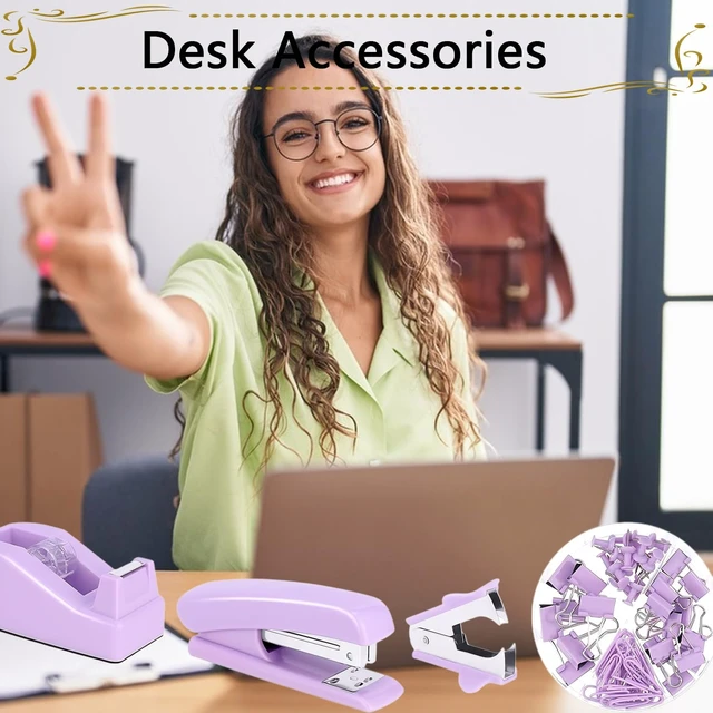 Alt view image 4 of 7 - Office Supplies,Purple Desk Accessories,Stapler and Tape Dispenser Set for Women with Stapler,Tape Dispenser,Staple Remover,Staples,Clips,Scissors and Tabs,Gift for Student,Teacher,Coworkers,Business