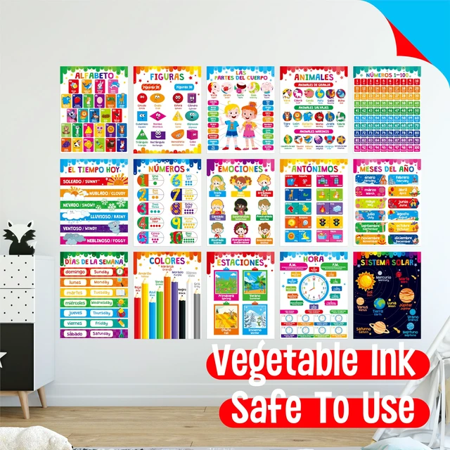 Alt view image 5 of 7 - 15 Packs Spanish & English Educational Posters, Thick Elementary Bilingual Poster Waterproof & Tearproof with PET Film, Early Language Learning Tool Educational Posters for Kindergarten Preschool