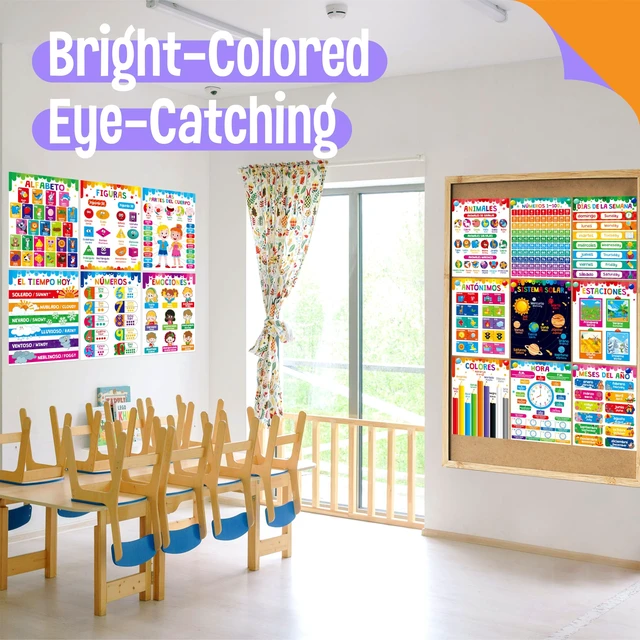 Alt view image 7 of 7 - 15 Packs Spanish & English Educational Posters, Thick Elementary Bilingual Poster Waterproof & Tearproof with PET Film, Early Language Learning Tool Educational Posters for Kindergarten Preschool