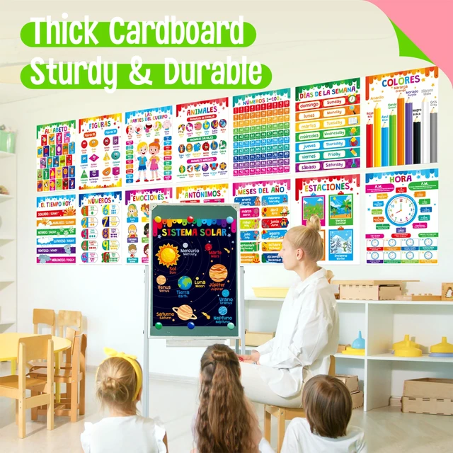 Alt view image 6 of 7 - 15 Packs Spanish & English Educational Posters, Thick Elementary Bilingual Poster Waterproof & Tearproof with PET Film, Early Language Learning Tool Educational Posters for Kindergarten Preschool