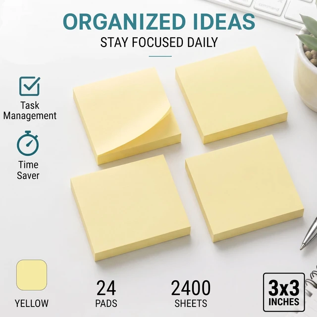 Alt view image 2 of 7 - Sticky Notes 3x3, 24 Pads/2400 Sheets, Strong Self-Adhesive Note Pads 3x3 Sticky Notes Pad, Repositionable, Removes Cleanly, Smooth Thick Paper, Ideal for Home, Office & School