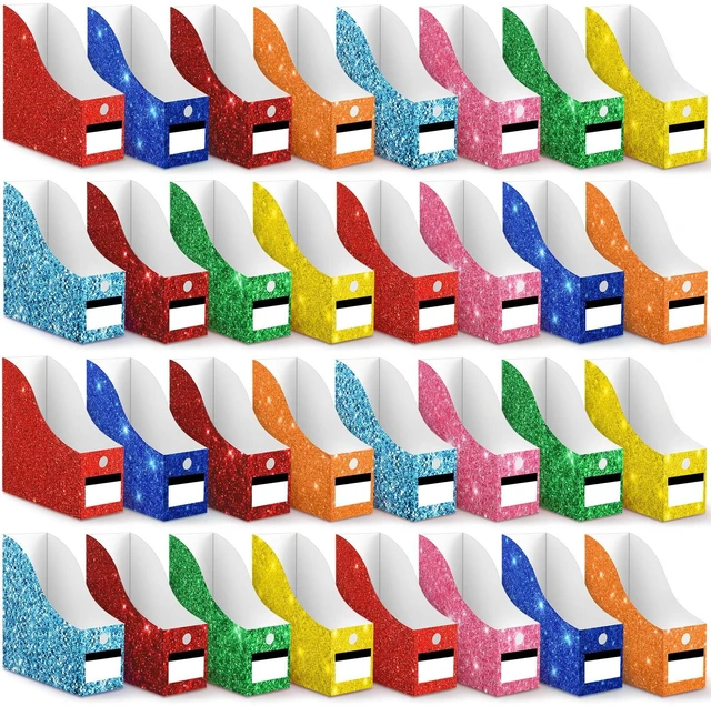 Main image of 32 Pcs Cardboard Magazine File Holders Organizer, Solid, Glitter Foldable Magazine Boxes with Label Stickers, 8 Colors for Document Filing, Desk Storage Organizer for Office School