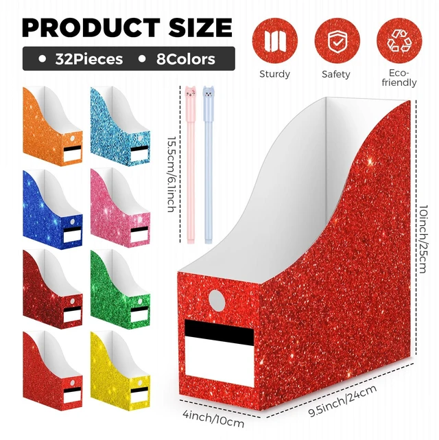Alt view image 2 of 7 - 32 Pcs Cardboard Magazine File Holders Organizer, Solid, Glitter Foldable Magazine Boxes with Label Stickers, 8 Colors for Document Filing, Desk Storage Organizer for Office School