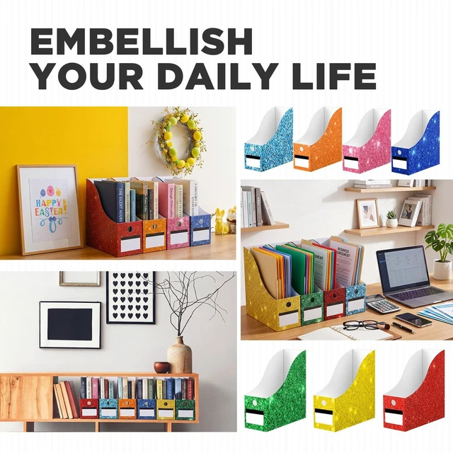 Alt view image 6 of 7 - 32 Pcs Cardboard Magazine File Holders Organizer, Solid, Glitter Foldable Magazine Boxes with Label Stickers, 8 Colors for Document Filing, Desk Storage Organizer for Office School